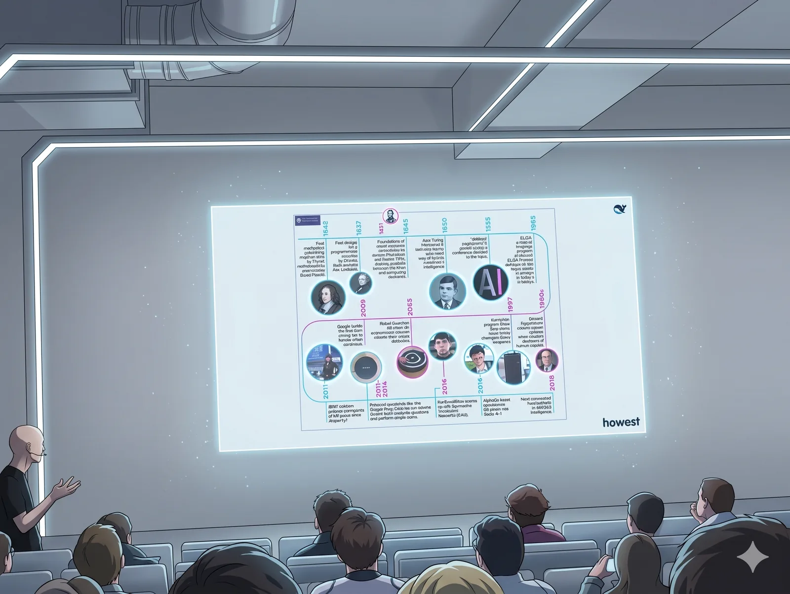 Illustrated panel: AI history timeline projected on a screen with the audience watching.
