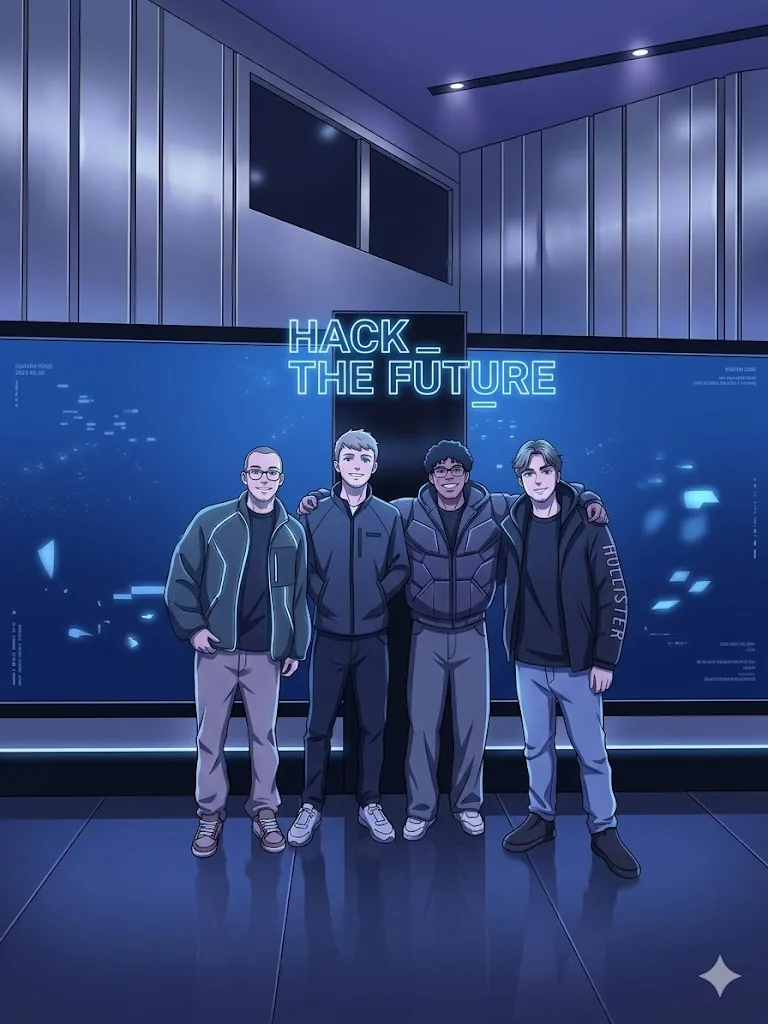 Team photo at Hack the Future Antwerp with neon HACK_THE FUTURE sign in the background.