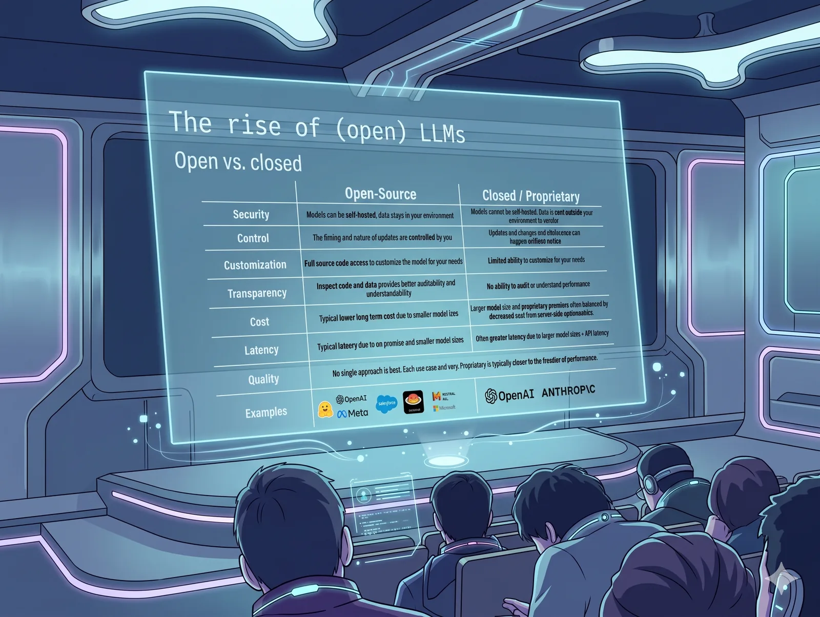 Illustrated panel: 'The rise of (open) LLMs' — open vs closed comparison table on a futuristic screen.
