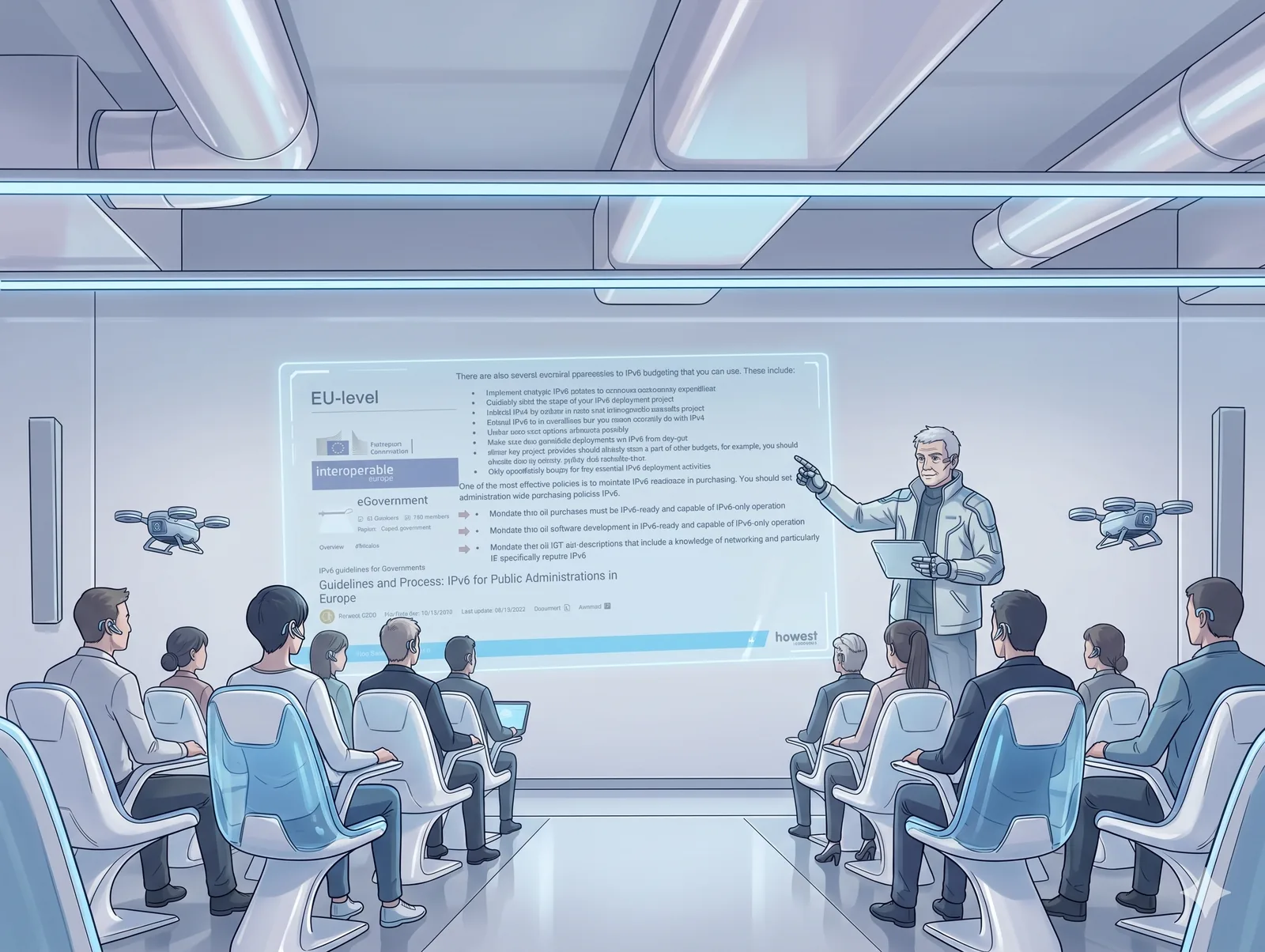 Illustrated panel: lecturer presenting an IPv6-for-Public-Administrations slide to an audience.